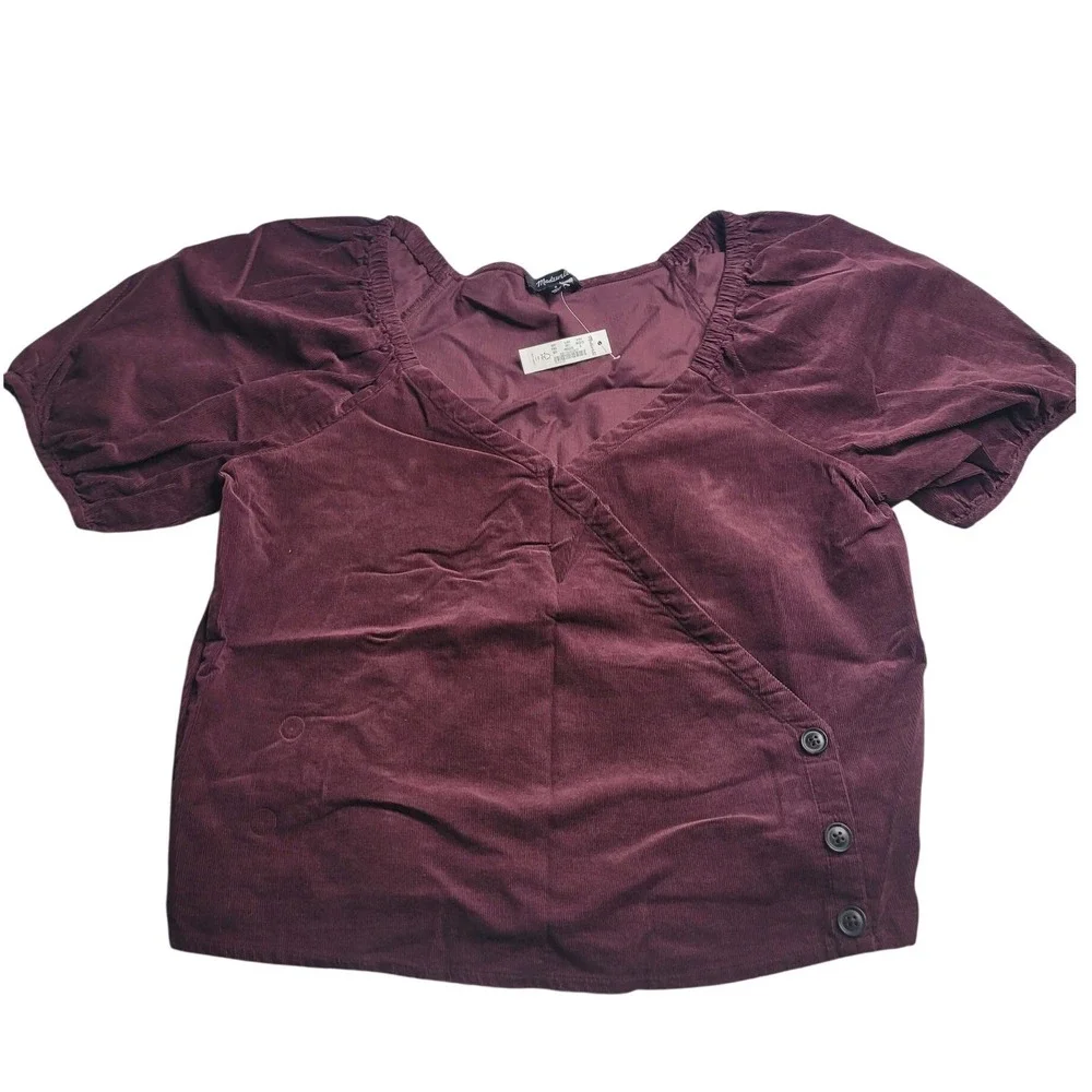 NEW Madewell Corduroy Puff-Sleeve Wrap Top Women's Small‎ 100% Cotton